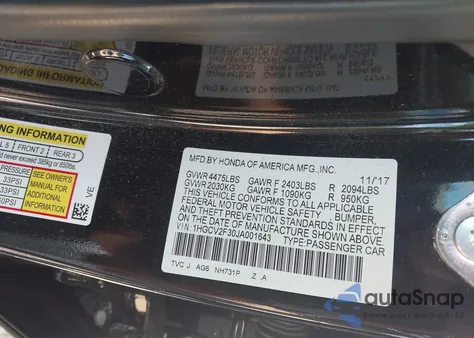 2018 Honda Accord Sport 2.0T z USA, uszkodzony, nr VIN 1HGCV2F30JA001643